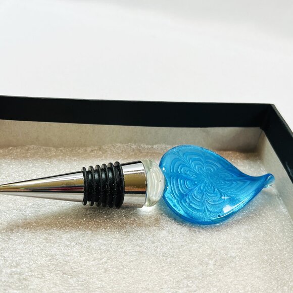 Art Glass Corkscrew & Stopper Set Teal White Iridescent Paragon Wine Accessories - Picture 9 of 11